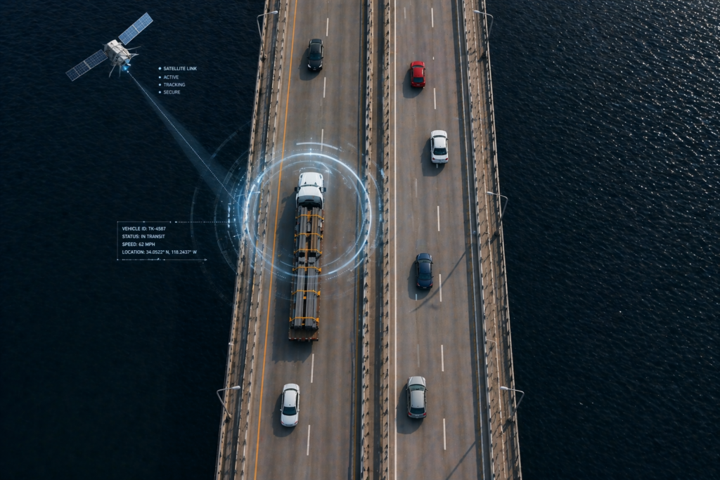 Real-time satellite tracking of a flatbed semi-truck crossing the US–Mexico border, providing full visibility and control for cross-border freight shipments