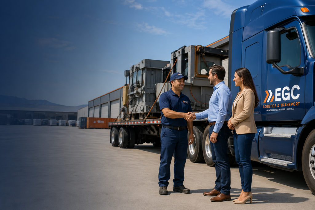 Cross-border flatbed truck with ECG Logistics & Transport driver and clients shaking hands in Monterrey to Laredo freight operation