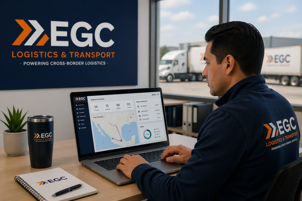 Logistics professional using freight tracking dashboard for cross-border trucking Mexico USA with EGC Logistics