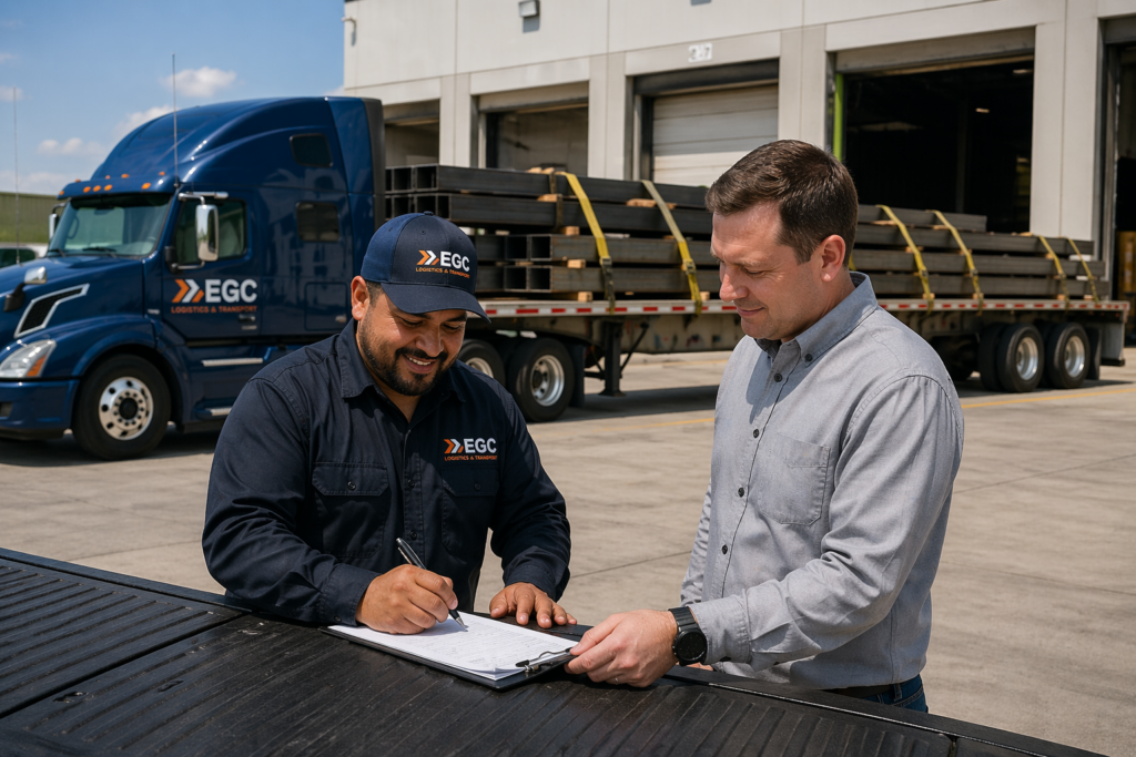 Flatbed freight delivery with secured steel cargo and signed confirmation in cross-border logistics Mexico USA