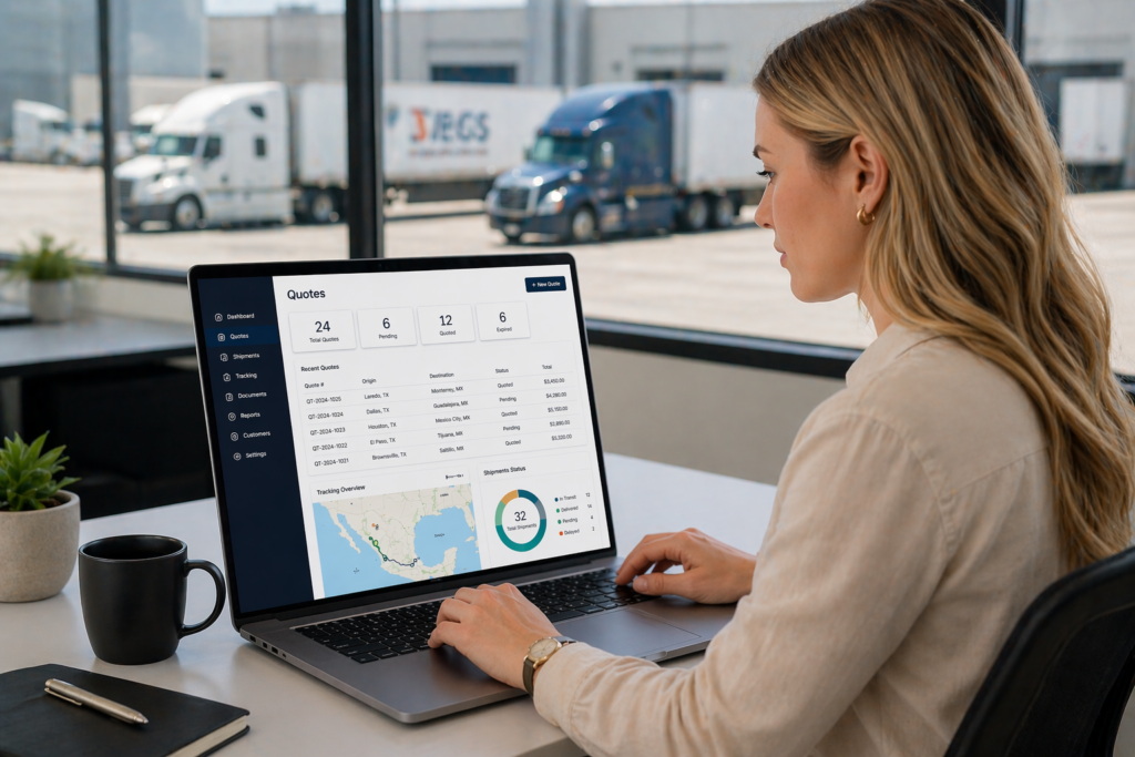 Client managing cross-border freight using logistics dashboard for Mexico USA shipments
